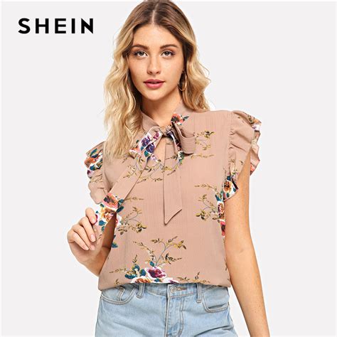 buy shein flounce shoulder tied neck floral blouse