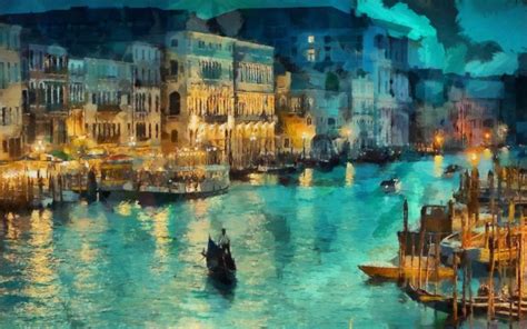 Night Canal Lights House Venice Art Gondola Italy
