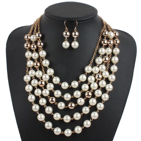 pearl necklace earrings metal bead set  women multi layer maxi statement white pearl wedding