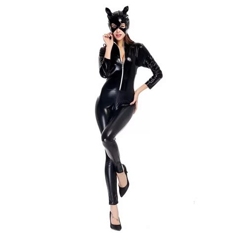 2017 new sexy catwoman suit fancy dress shiny super hero black leather