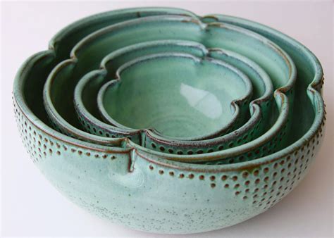 ceramic nesting bowls set   serving dishes rustic aqua
