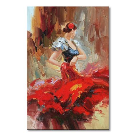 Hand Painted Spanish Flamenco Dancer Oil Painting On Canvas With Red