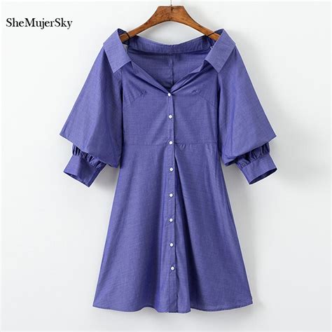 shemujersky blue  shoulder dress  button shirt mini dresses summer dress  strand