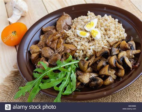 barley porridge fried mushrooms and duck liver boiled quail eggs