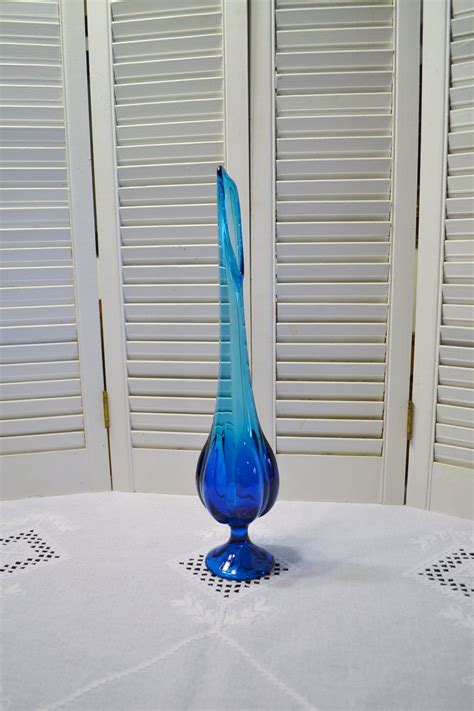 Vintage Swung Glass Vase Turquoise Blue Tall Stretch Glass Etsy Mid