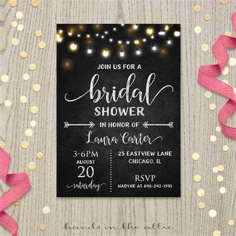 fairy lights chalkboard bridal shower invitation hands   attic