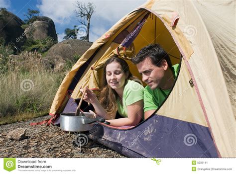 Couple Camping In Tent Cooking Stock Image Image Of