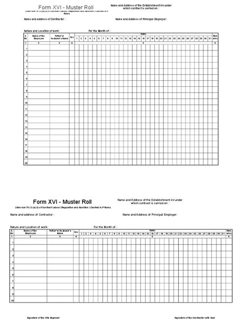 form xvi muster roll working conditions social institutions