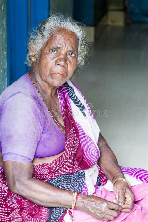 Portrait Of An Indian Old Senior Poor Woman With Saree Editorial