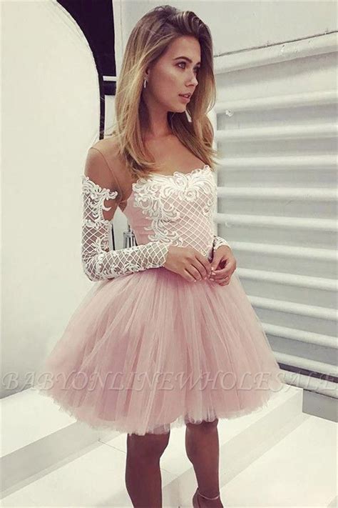 glamorous   pink hoco dresses short lace long sleeves homecoming dresses wwwbabyon