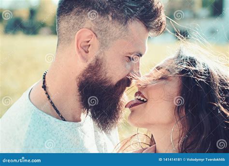 Lady With Pink Tongue Licking Bearded Macho Couple Kissing Outdoors