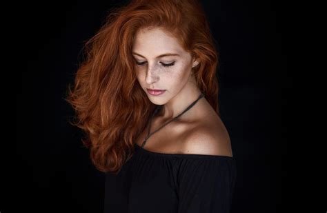Women Redhead Freckles Portrait Closed Eyes Bare Shoulders Black