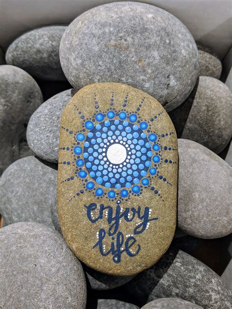 enjoy life love  calming blue hand painted mandala stone mandala