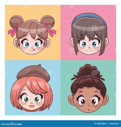 Grupo De Cuatro Hermosos Adolescentes Interraciales Chicas Anime