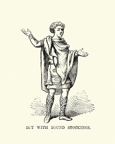 kostum  anak lakilaki anglo saxon mengenakan stoking terikat ilustrasi stok
