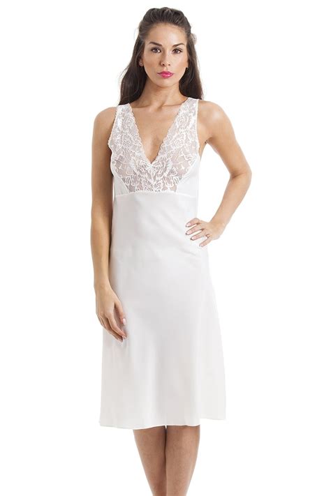 New Womens Camille Ivory Lingerie Lace Trim Full Underslip Nightdress