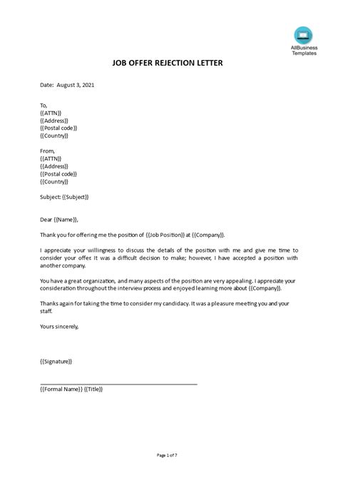 job offer rejection letter sample templates  allbusinesstemplatescom