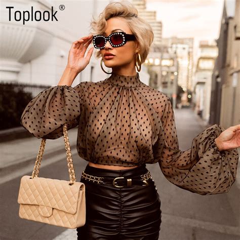 toplook dots mesh   fashion  shirt women crop top long