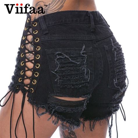 viifaa sexy lace up hole denim jeans shorts women 2018 hollow out