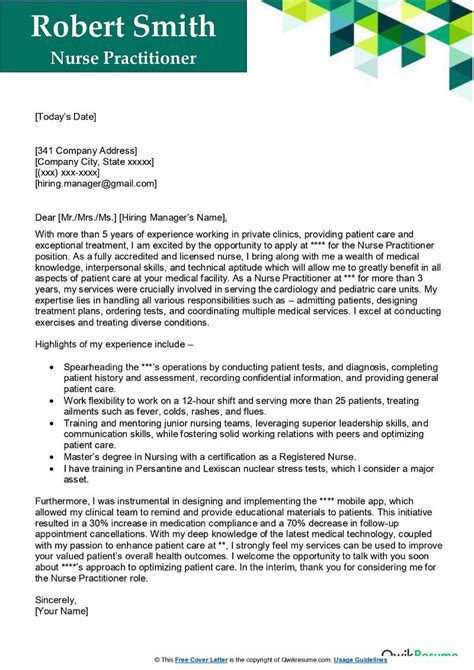 nurse practitioner cover letter examples qwikresume