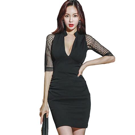 Korean Style Summer Sexy Club Dresses Women Deep V Neck Mesh Patchwork