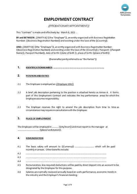 printable simple employment contract template  printable templates