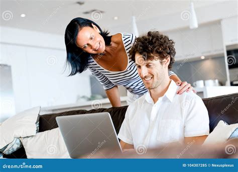 Couple At Home Using Laptop Stock Image Image Of Happy Internet