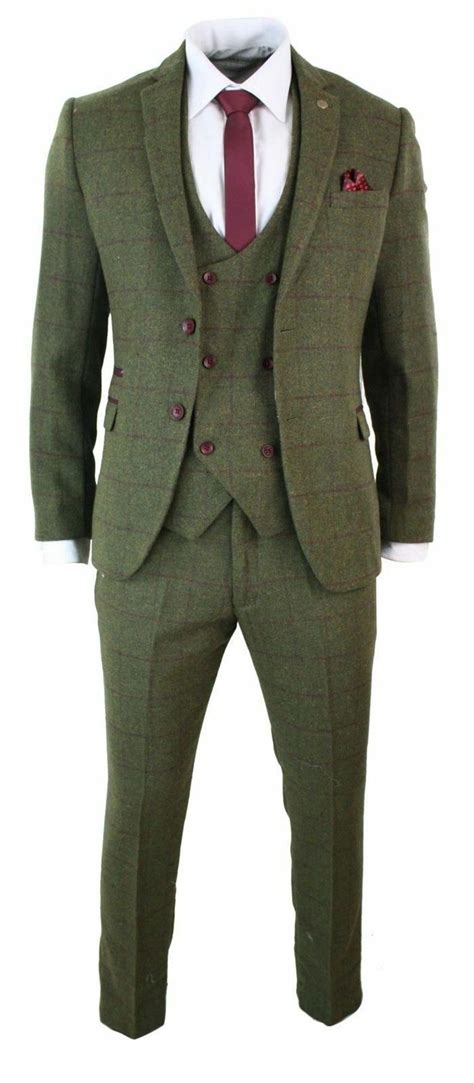 Custom Size Green Plaid Check 3 Pieces Tweed Men Suit Slim Fit Blazer