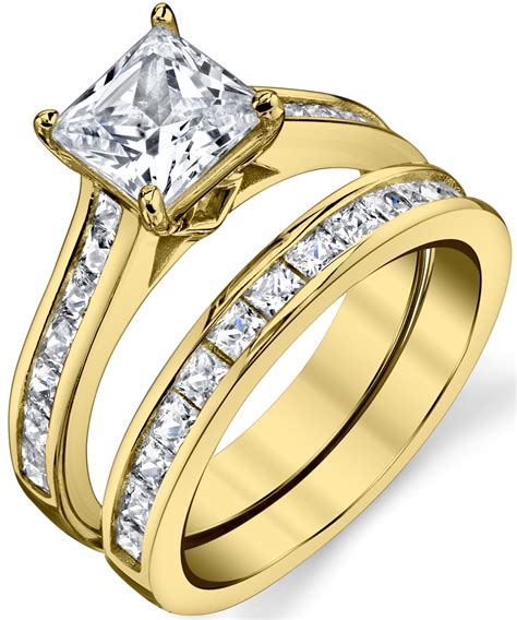 Womens Gold Tone Over Solid Sterling Silver Princess Cut Bridal Set