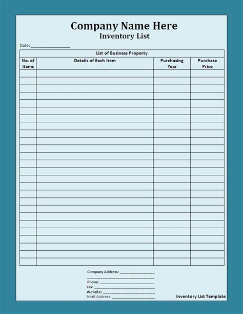 inventory list template  words templates