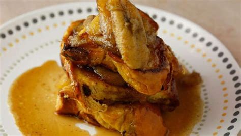 rum raisin french toast with maple bananas foster and ham
