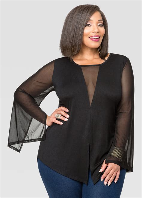 Plunging Mesh V Neck Top Plus Size Tops Ashley Stewart