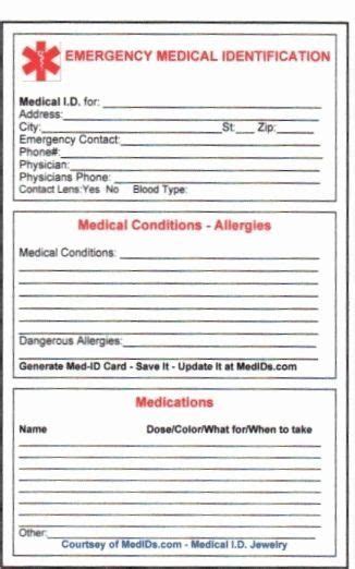 medication card template    printable medical id cards