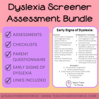 dyslexia screener assessments  checklists  questionnaire tpt