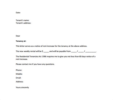 sample rent increase letter templates   ms word
