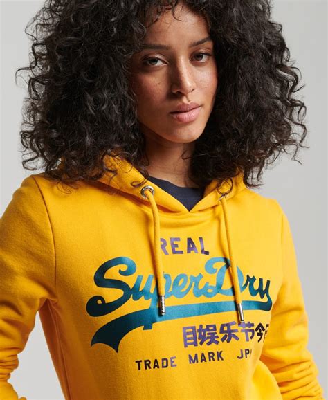 womens vintage logo duo satin hoodie in sporty ochre superdry