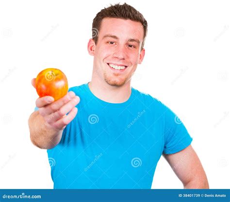 man   apple   hand stock image image  background cheerful