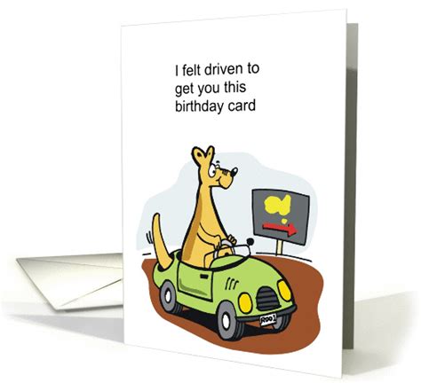 a funny cartoon kangaroo driving a car in australian outback card