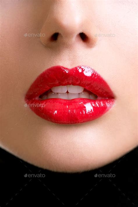 Closeup Beautiful Female Lips With Red Lipstick Glamour Fashion Bright