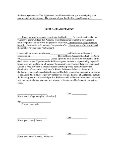 apartment sublease agreement template  printable documents