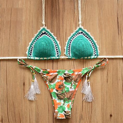 cute tassel tie up knit brazilian bikini set biquini biquini de