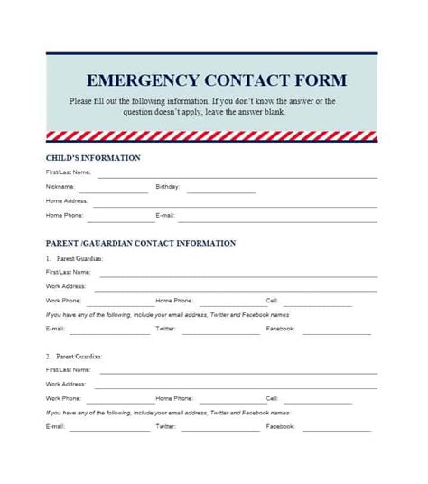 printable emergency contact form template printable forms