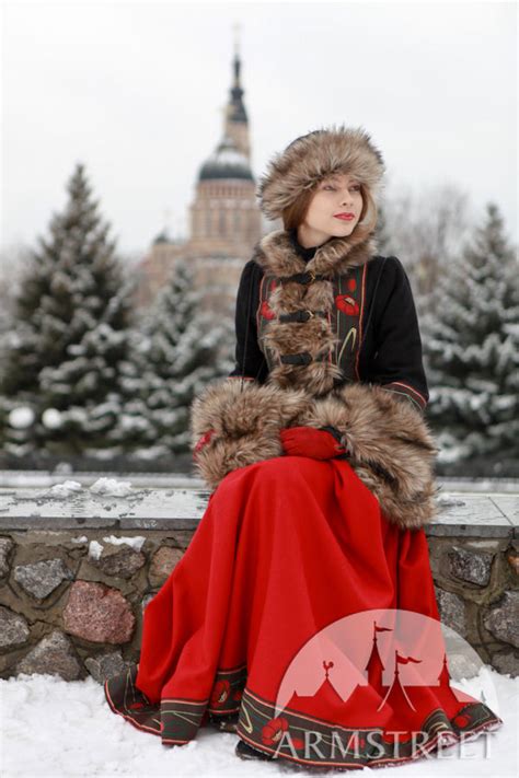 wool coat bordered with fake fur refers to the russian national costume theme for sale