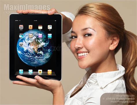 photo  smiling girl  apple ipad  tablet stock image mxi