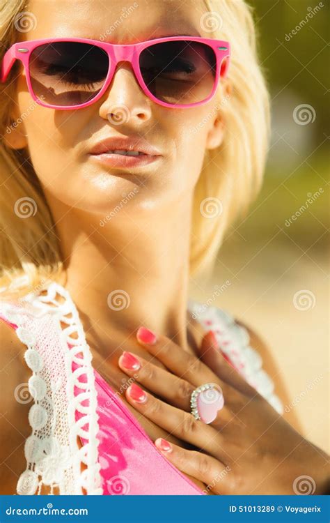 Beautiful Blonde Girl In Sunglasses Outdoor Stock Image Image Of Sand