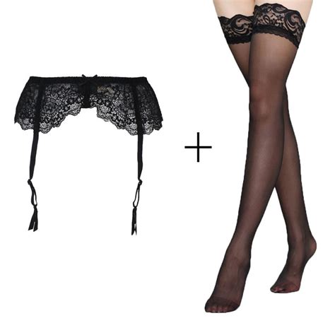 women lace garters floral sexy garter belt with black stocking set for