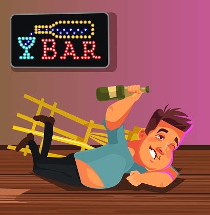 happy smiling drunk man character laying  bar floor funny party