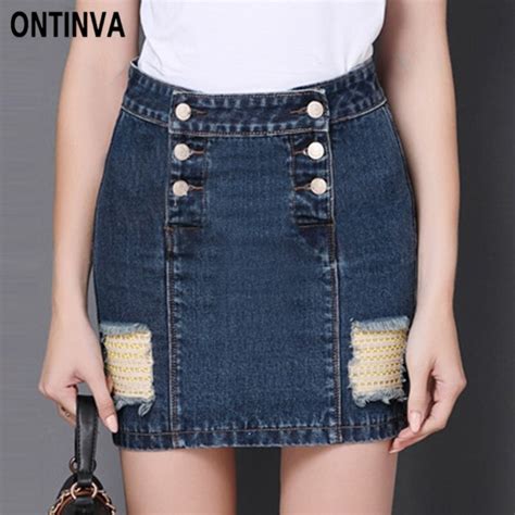 hole ripped grid patchwork mini denim skirts women double breasted