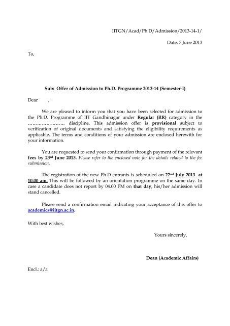 sample offer letter  selected candidates  admission  phd