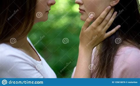 lesbian couple in love intimate meeting affectionate attitude to each